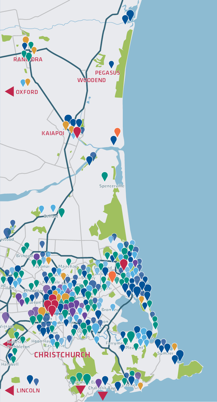 Map of Canterbury with pins representing projects that received Appeal Trust funds